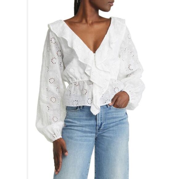 FRAME Ruffled Broderie Anglaise Ramie Blouse Size S Elasticated Waist and Cuffs - Picture 1 of 13